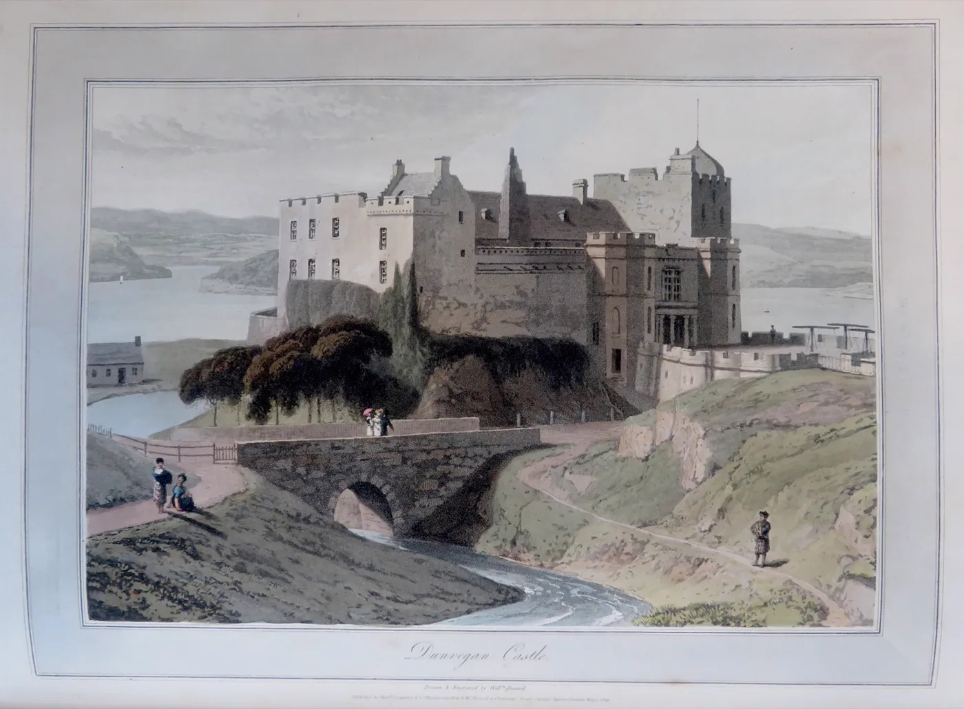 Dunvegan Castle on its sea-rock, Isle of Skye, aquatint by William Daniell, 1819