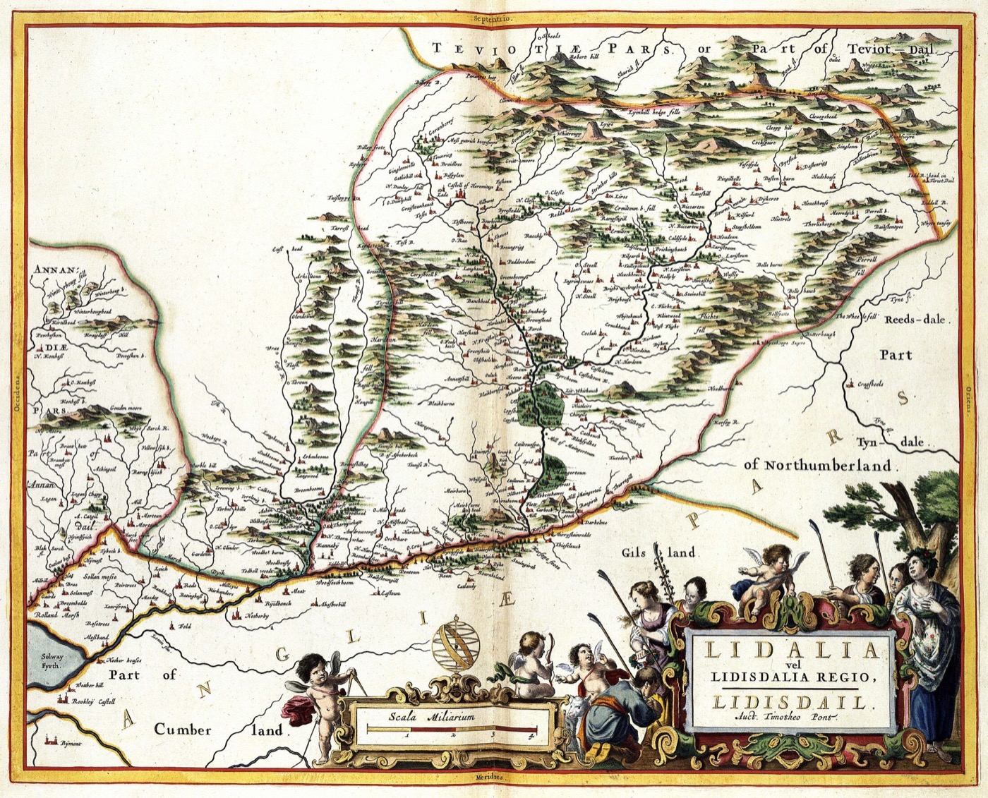 Liddesdale, the Armstrongs' own valley, on Joan Blaeu's 1654 map of Scotland, itself based on Timothy Pont's earlier survey. Public domain.