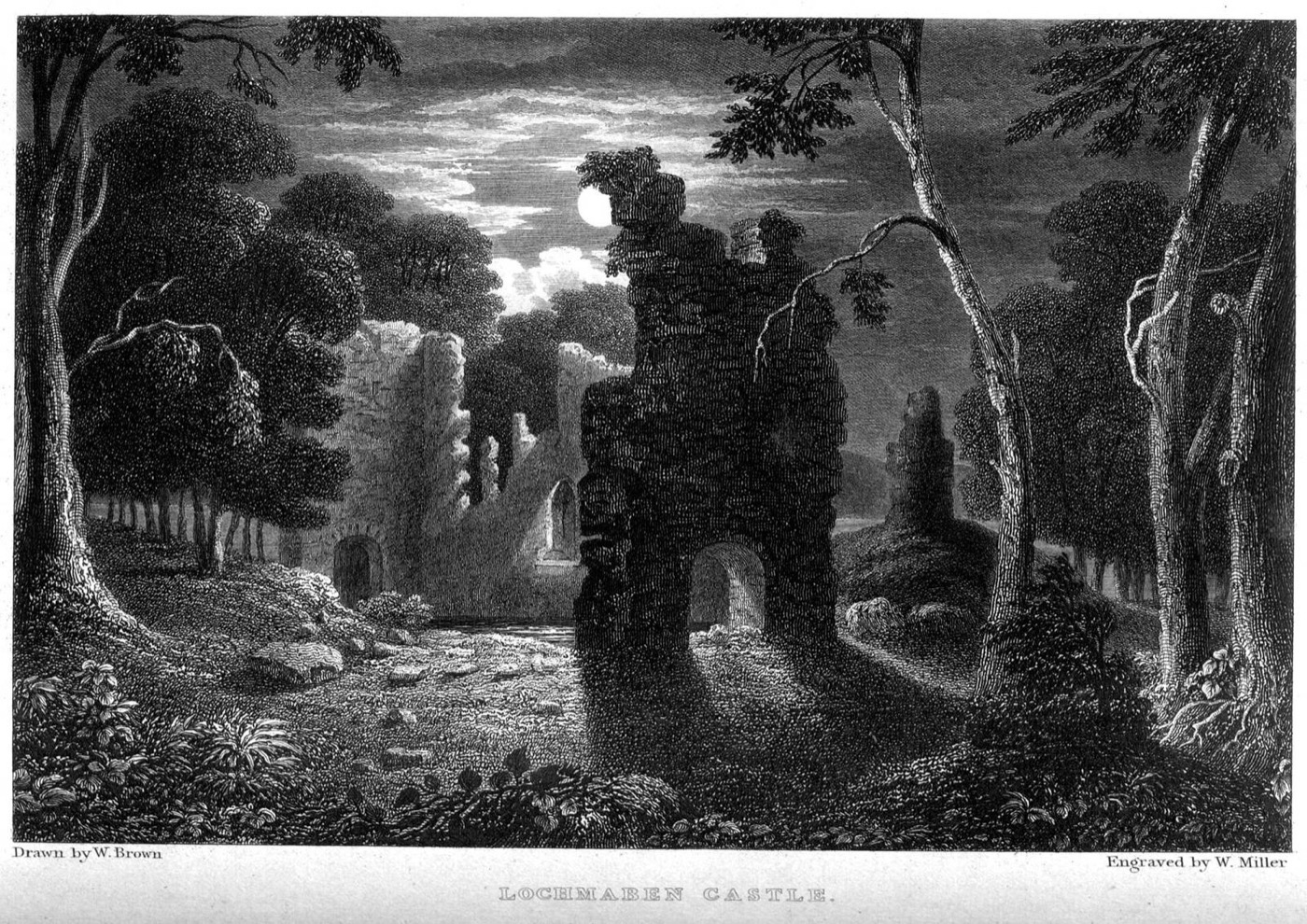 Lochmaben Castle, engraved by William Miller after W. Brown in 1830: the Annandale castle of the Bruce lords, where Robert de Brus the Competitor retired after 