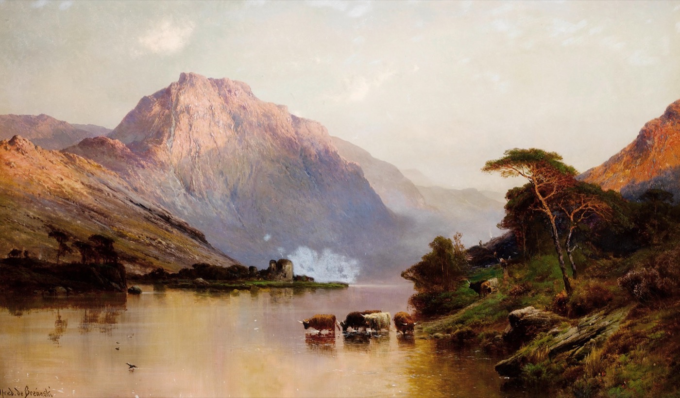 Inverlochy and Ben Nevis — Alfred de Bréanski Snr, oil on canvas, late nineteenth century. The mouth of the Great Glen, where the clan fought its two battles of