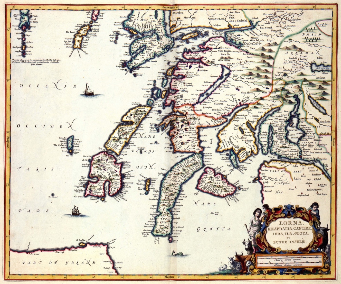 The districts of old Argyll — Lorne, Knapdale and Kintyre, with Islay and Jura — Joan Blaeu, after Timothy Pont, hand-coloured, 1654. Public domain.