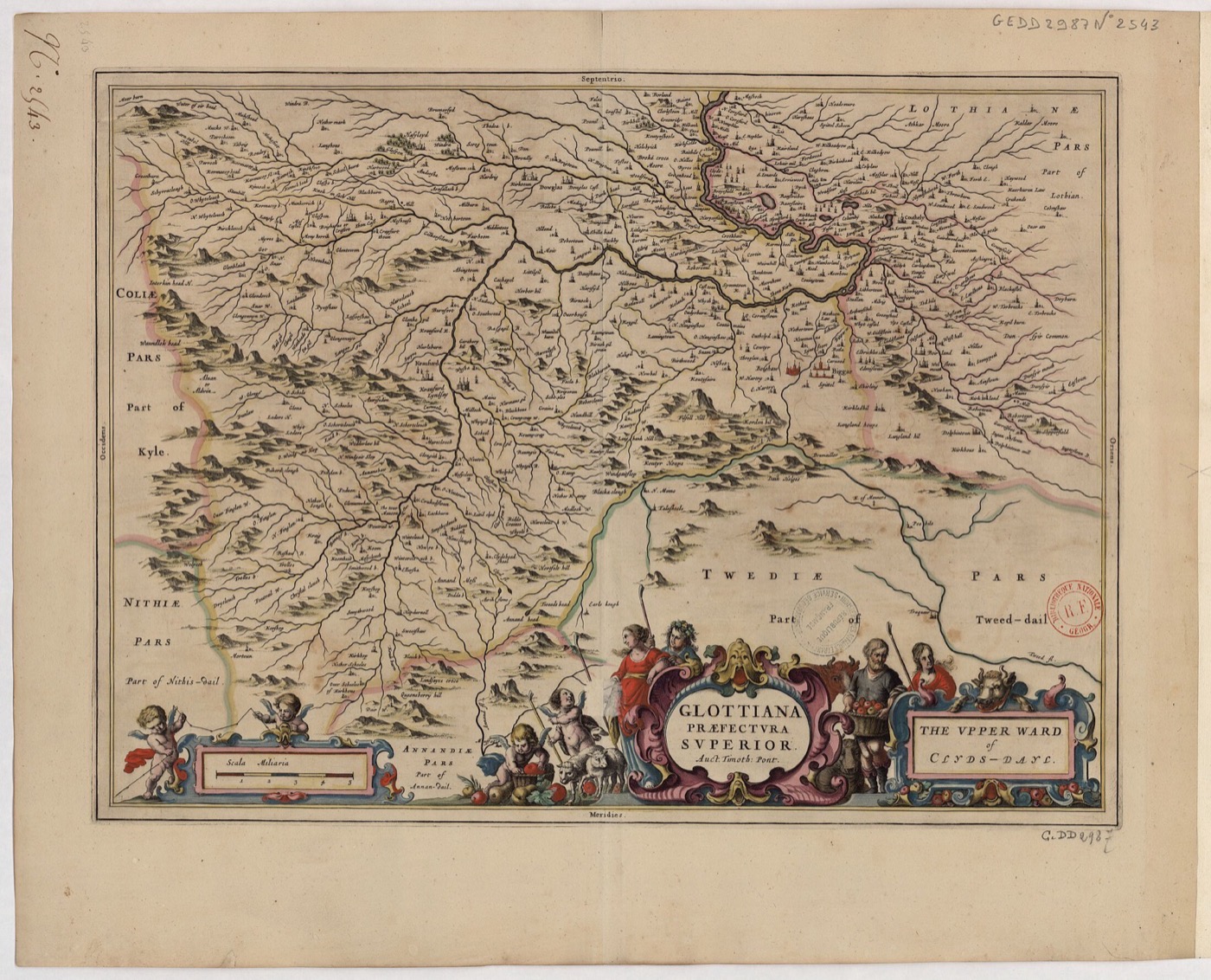 The Upper Ward of Clydesdale, the country of the name — Joan Blaeu, after the survey of Timothy Pont, hand-coloured engraving, 1654. Douglasdale lies at the hea