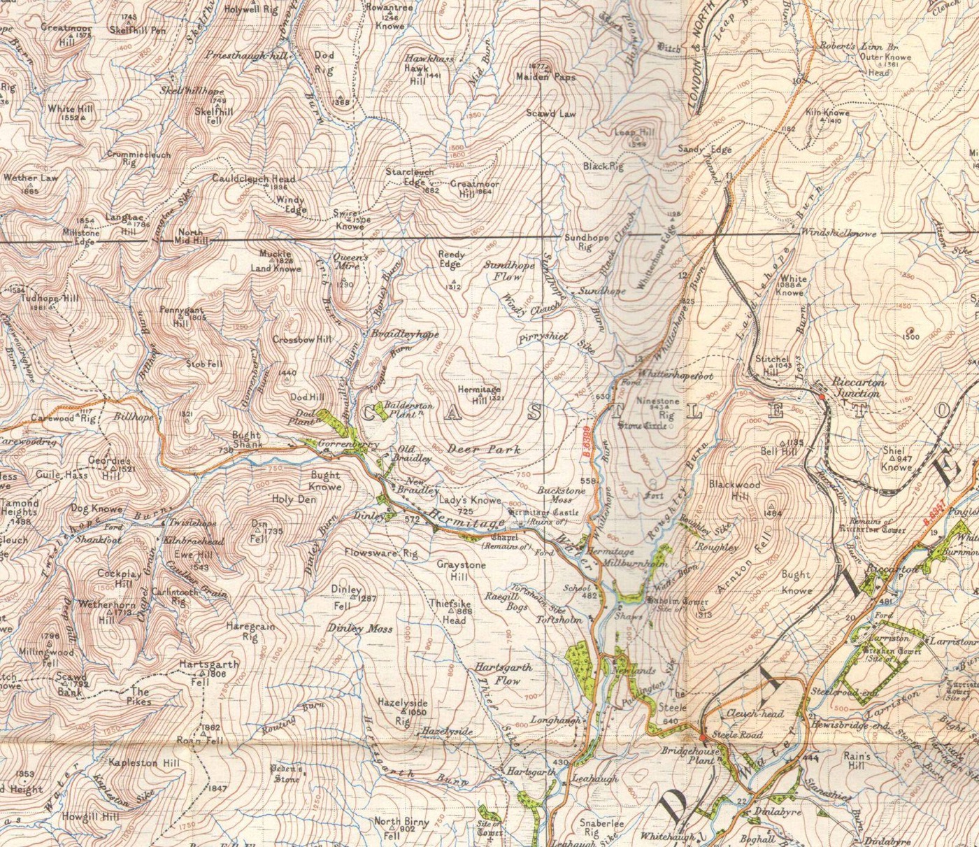 The head of Liddesdale on an Ordnance Survey one-inch sheet: Gorrenberry, Old and New Braidley, Hartsgarth, Larriston, Whithaugh and Hermitage Castle, every one