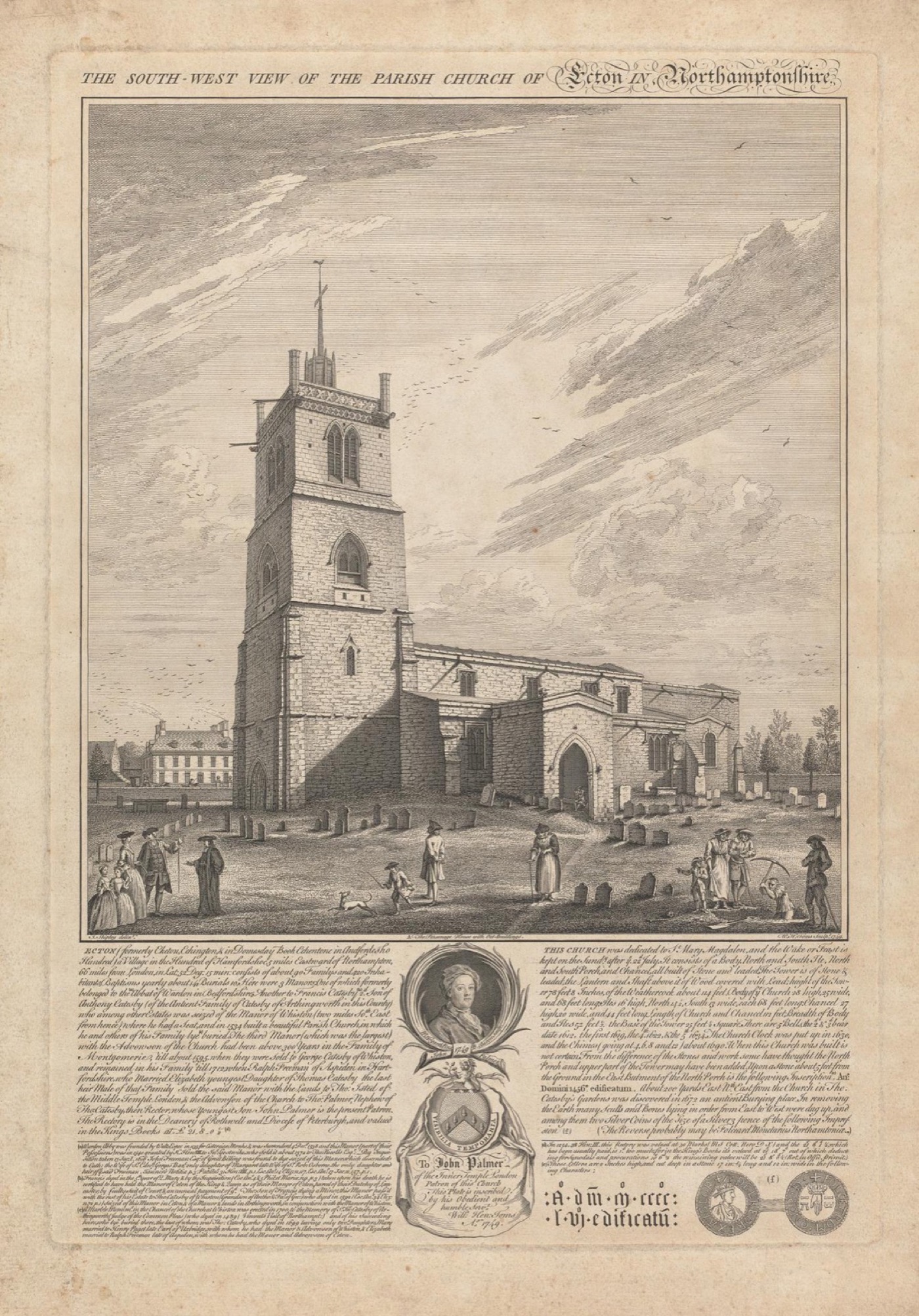 The parish church of Ecton, Northamptonshire, home of the Franklin family register from 1555 to 1683, engraved by William Henry Toms, 18th century. Yale Center 