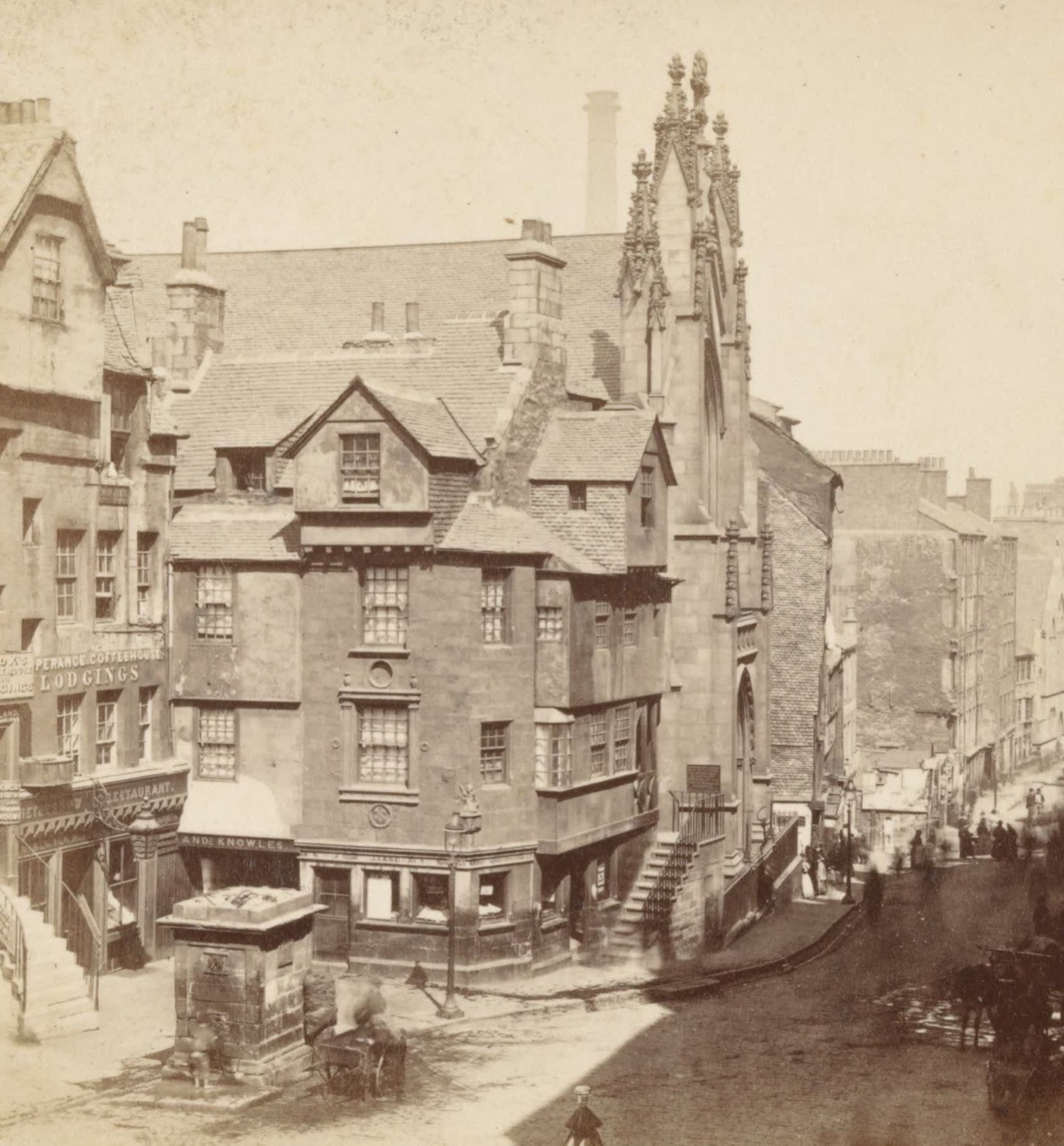 John Knox House on Edinburgh's High Street, photographed by James Valentine, c. 1850–1880. Tradition, not any document, places Knox here in the last months of h