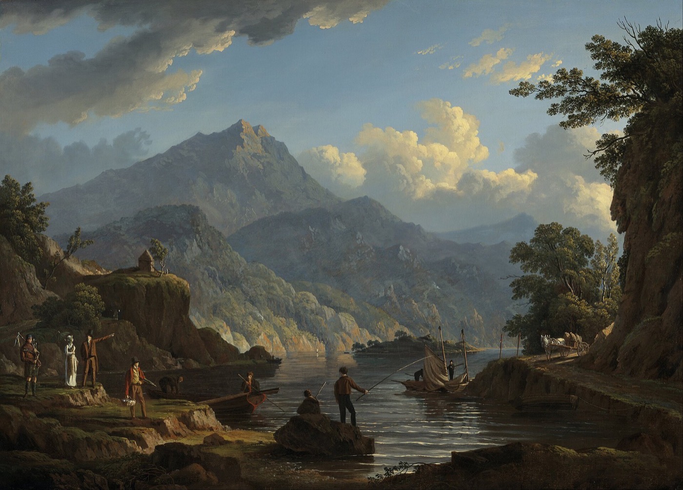 Landscape with Tourists at Loch Katrine — John Knox, oil on canvas, 1815. Painted five years after Scott's poem turned the clan's refuge into Scotland's first t