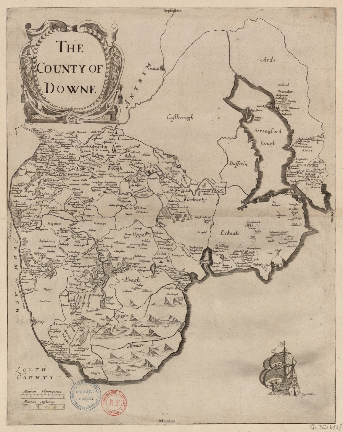 The County of Downe — Sir William Petty, 1685. The Ards Peninsula and Strangford Lough, right of centre, sit inside the recorded Mawhinney and McWhinney homelan