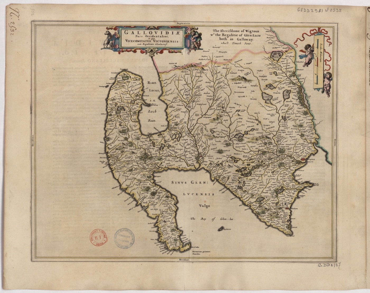 Gallovidiae Pars Occidentalior: the Sherifdome of Wigtoun, Joan Blaeu, 1654, after Timothy Pont's survey. Loch Ryan, where Dungal MacDouall captured Robert Bruc