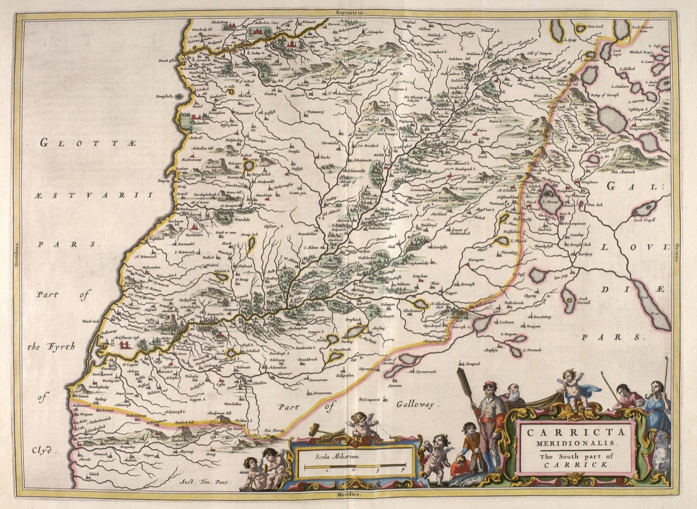 The South part of Carrick, 1654. Grimmet and Attiquin, the McIlvaine family's own lands, sit within this stretch of hill country between Maybole and the Ayrshir