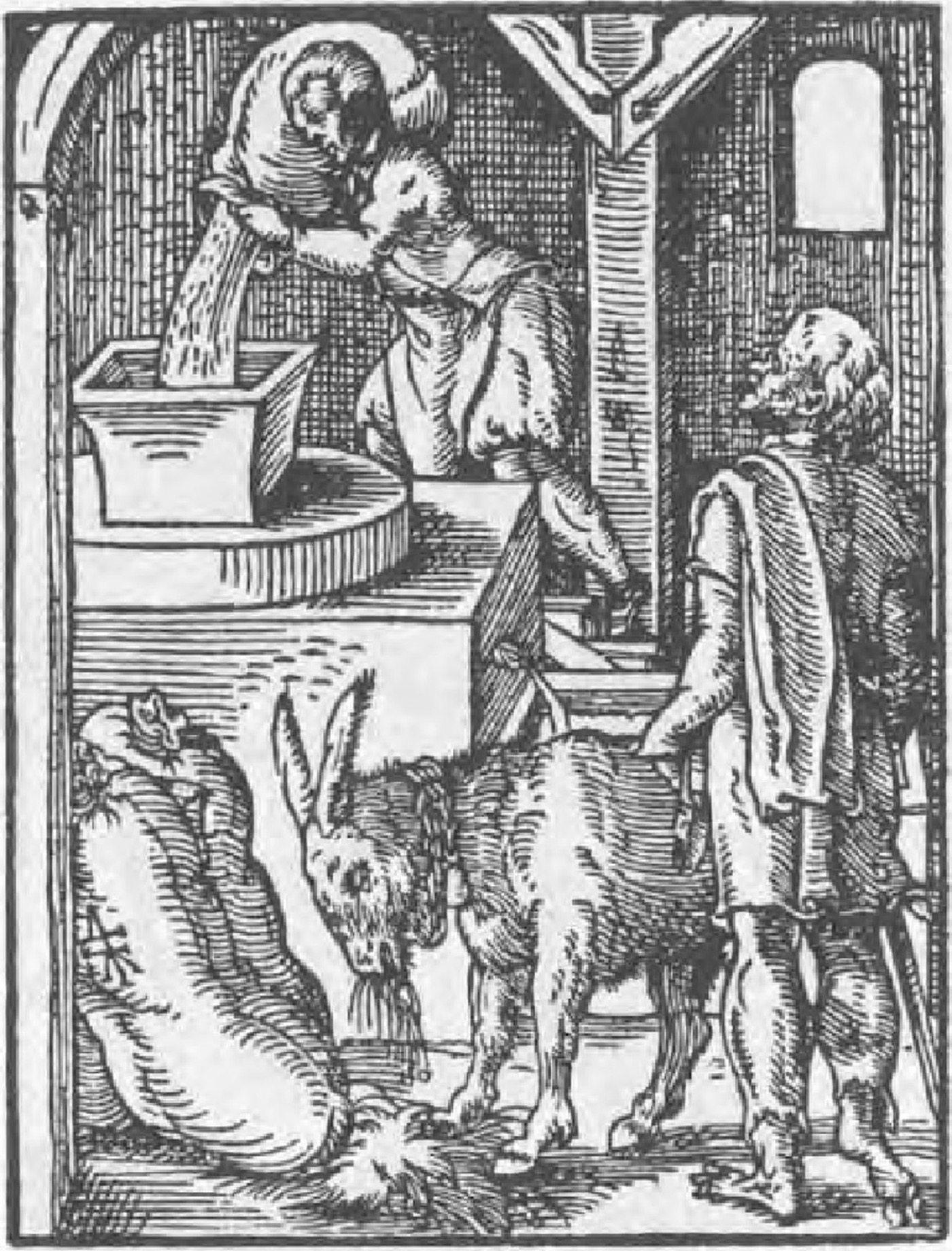 Molitor, Der Müller: the miller at his hopper, the trade the surname Miller is made of - Jost Amman, woodcut, from the Ständebuch, Frankfurt am Main, 1568. Publ