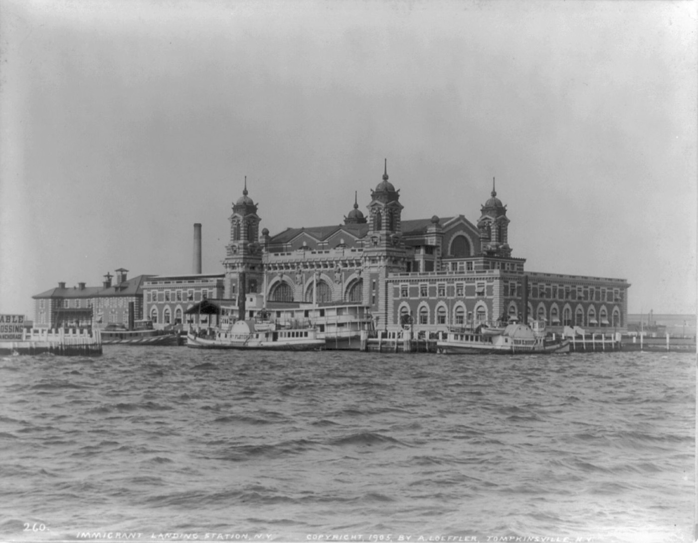 The Ellis Island immigration station, photographed 24 February 1905. This rebuilt Main Building opened in 1900; the wooden structure Annie Moore herself passed 