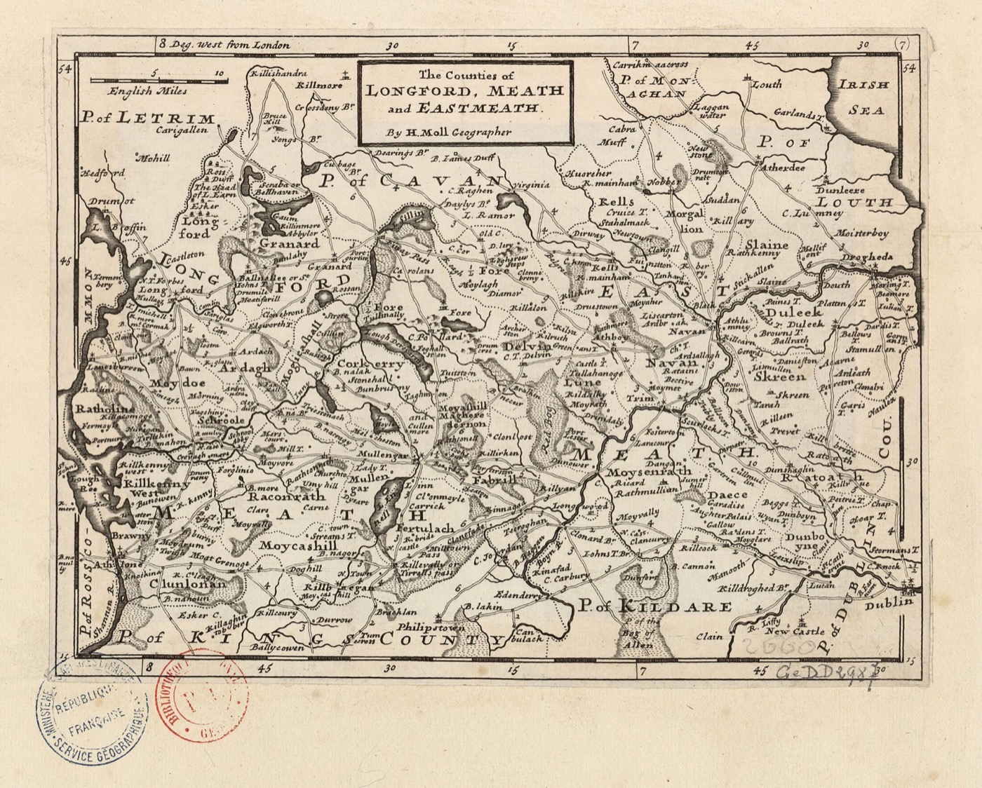 The Counties of Longford, Meath and Eastmeath (Westmeath's older name on this sheet) — Herman Moll, Geographer, 1728. Mulleady's own midland homeland, mapped a 