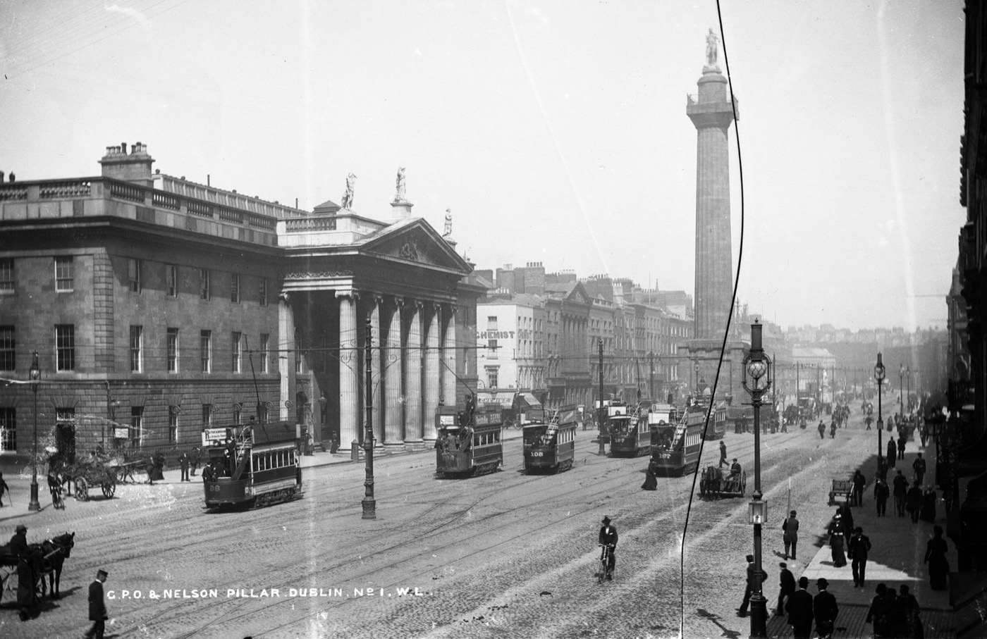 The G.P.O. and Nelson's Pillar, Sackville Street, Dublin, photographed by Robert French for the Lawrence Collection, about 1900. Dublin already held the second-