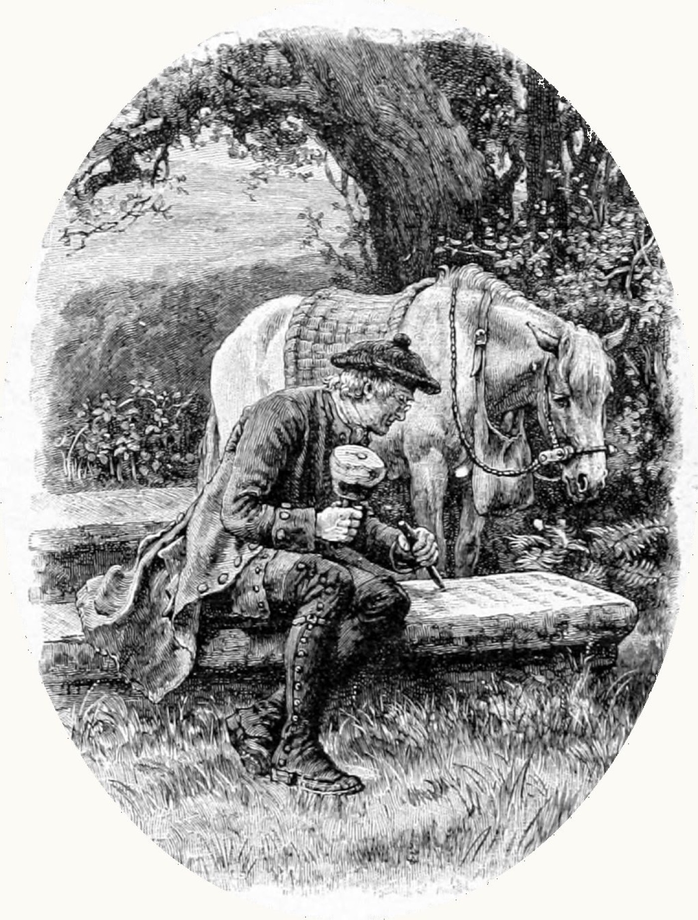 Robert Paterson, called Old Mortality, cutting a Covenanter's gravestone, drawn by Frank Dadd and engraved by J. D. Cooper for an edition of Walter Scott's nove