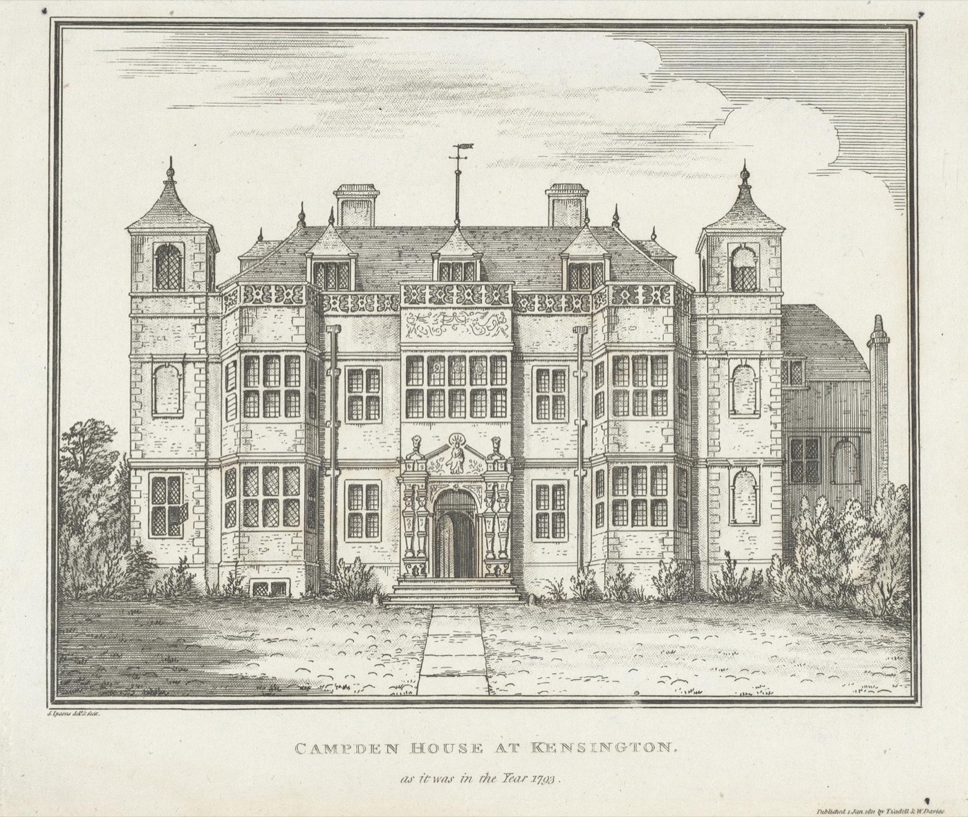 Campden House at Kensington, as it was in the year 1793 — Samuel Lysons, engraving. Immediately beside the ground the Phillimore family held from 1696, on Campd
