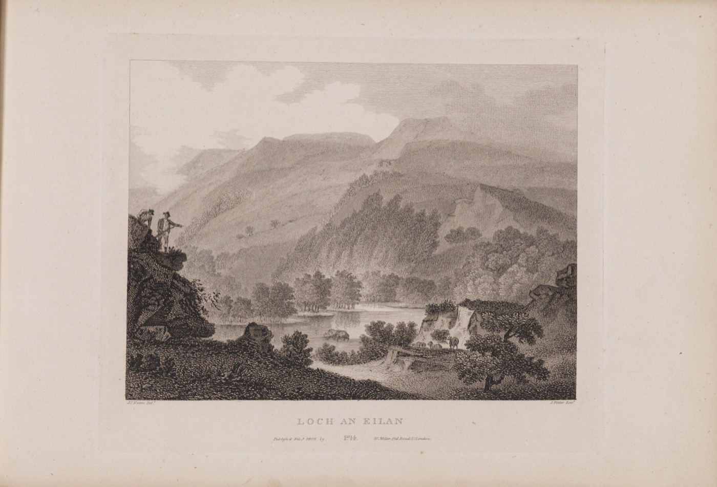 Loch an Eilein, on the edge of Badenoch — John Claude Nattes and James Fittler, etching, 1804, from Scotia Depicta. National Library of Scotland; public domain.