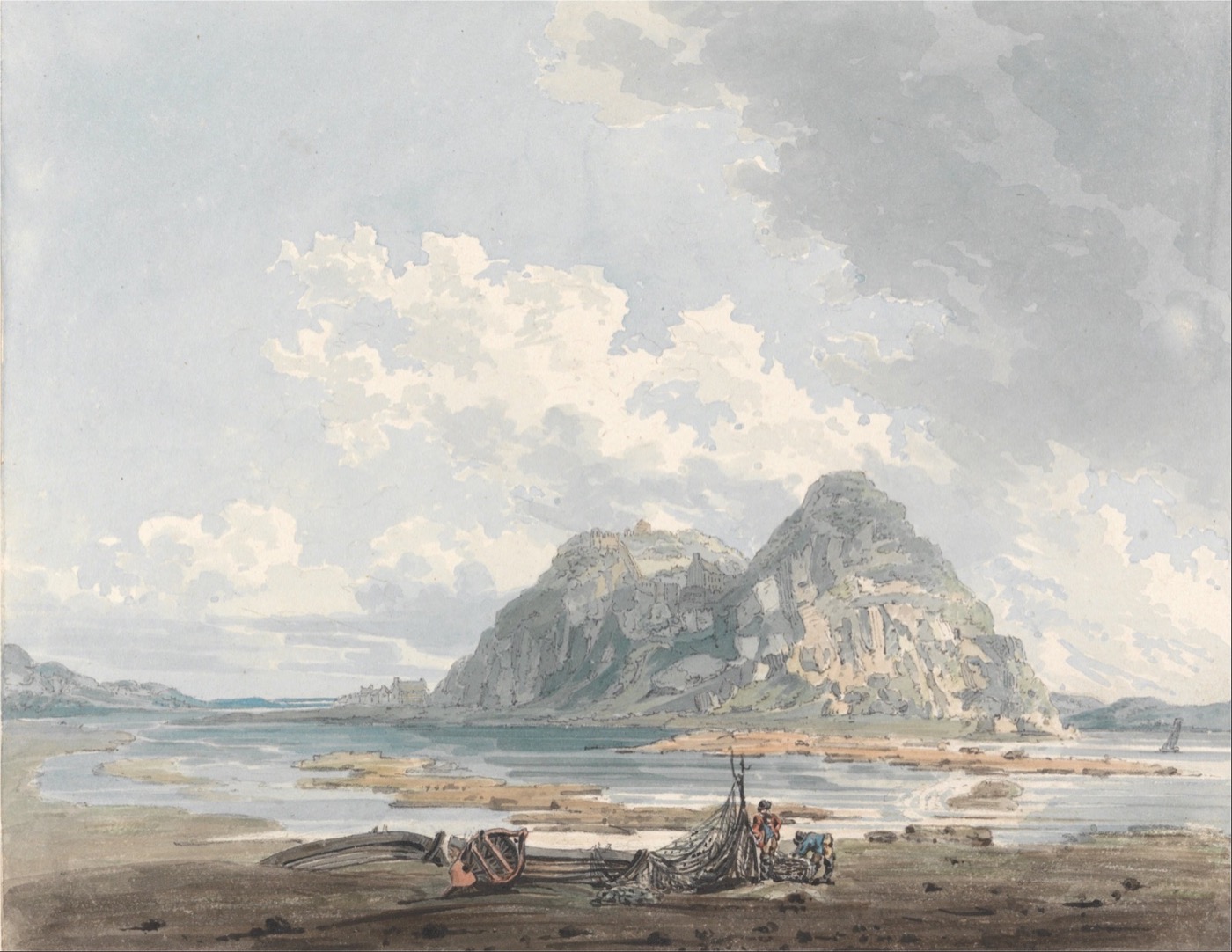 Dumbarton Rock and Castle — Thomas Girtin, watercolour, c. 1793. The fortress that sheltered the five-year-old Mary before she sailed for France. Public domain.