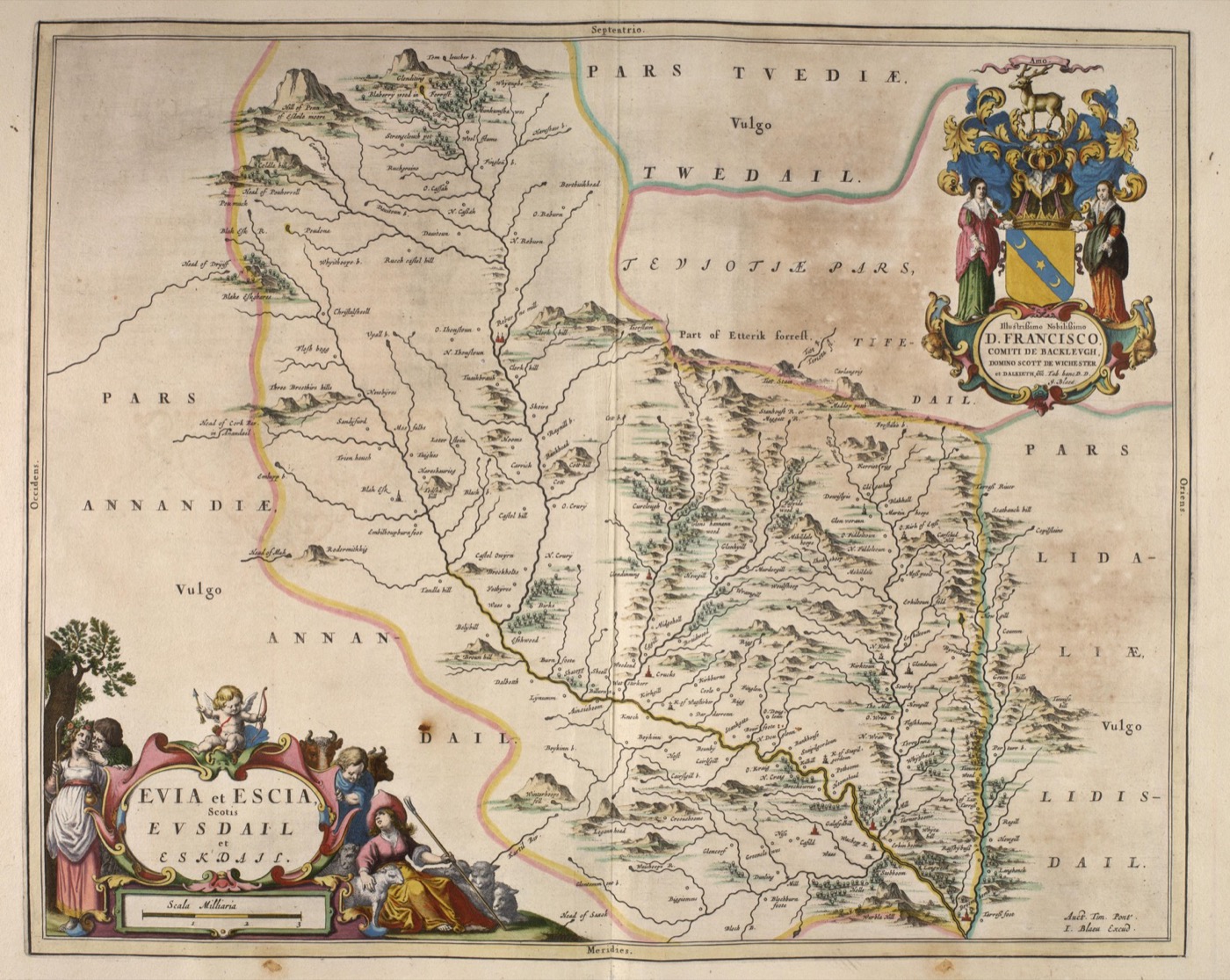 Ewesdale and Eskdale as Europe first mapped them — Joan Blaeu, Atlas of Scotland, 1654. These are the dales where Telfords were shepherds and masons; Westerkirk