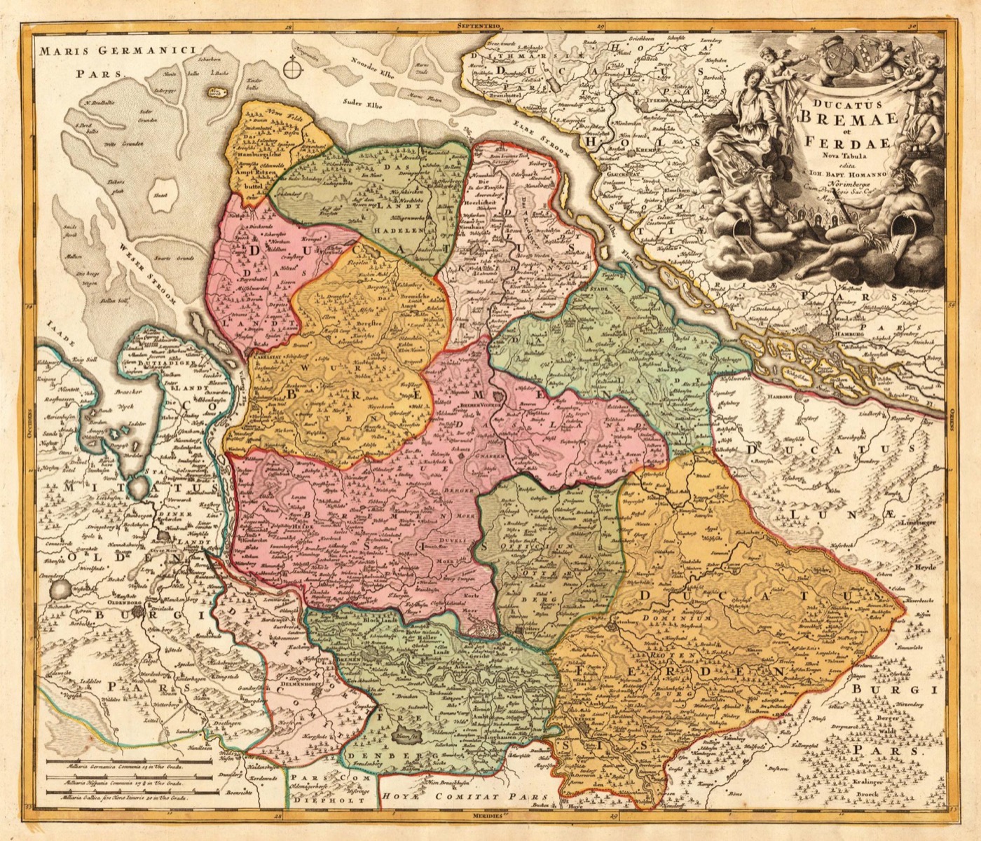 The Duchy of Bremen and Verden, the Timkens' own coastal homeland, a century before Henry was born there — Johann Baptist Homann, engraving, c. 1720. Public dom