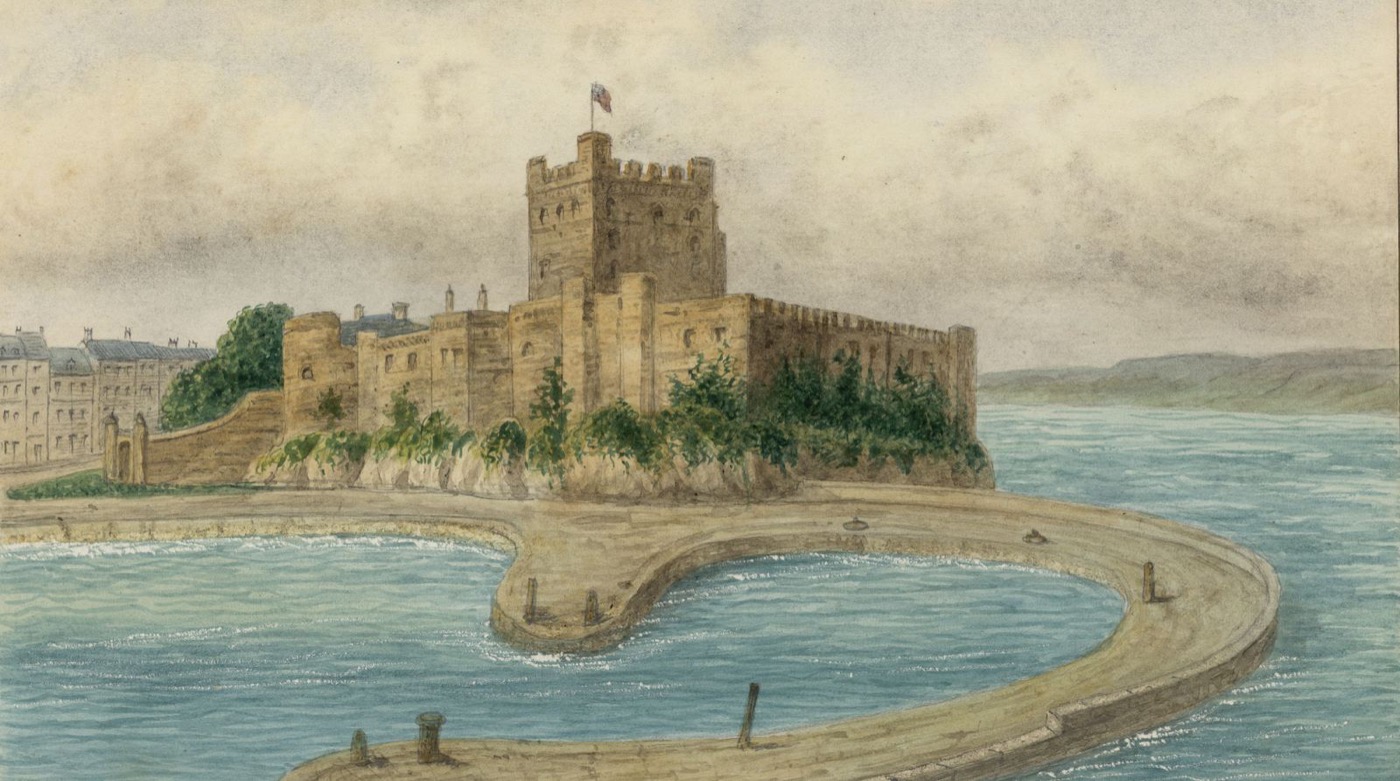 Carrickfergus Castle, County Antrim, watercolour by Alphonse Dousseau, 1830s-1860s. The principal Antrim landing-place of the plantation the Ulster-Scots Toppin